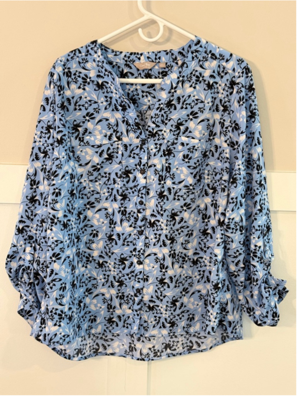 Coral Bay Blue Floral Roll Tab Button Front Blouse Women’s 2X